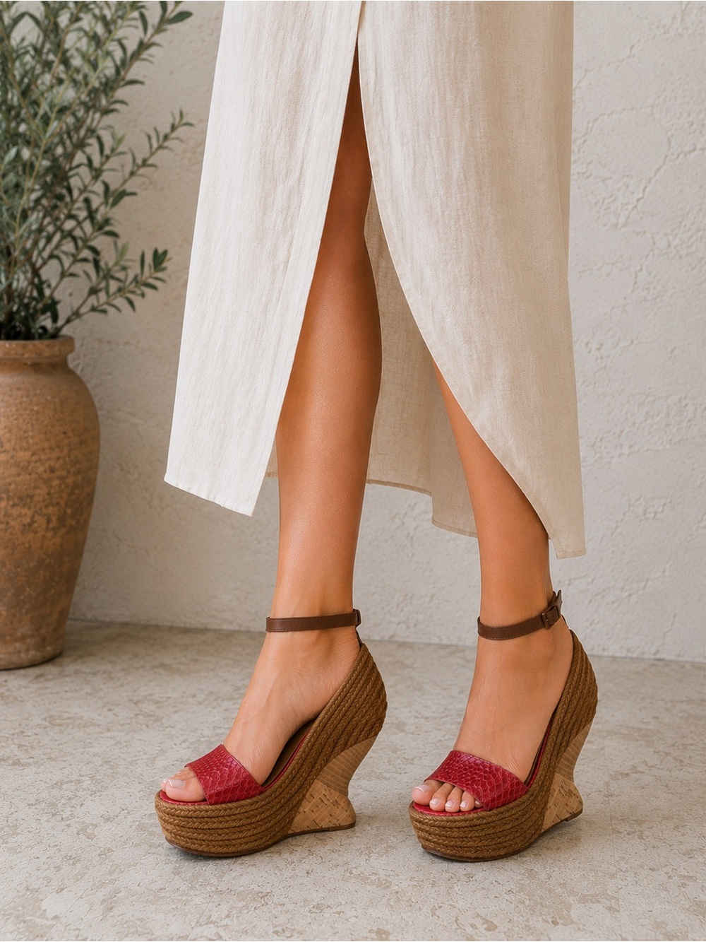 Anthropologie Leifsdottir Red Snakeskin Curved High Platform Wedge Sandal